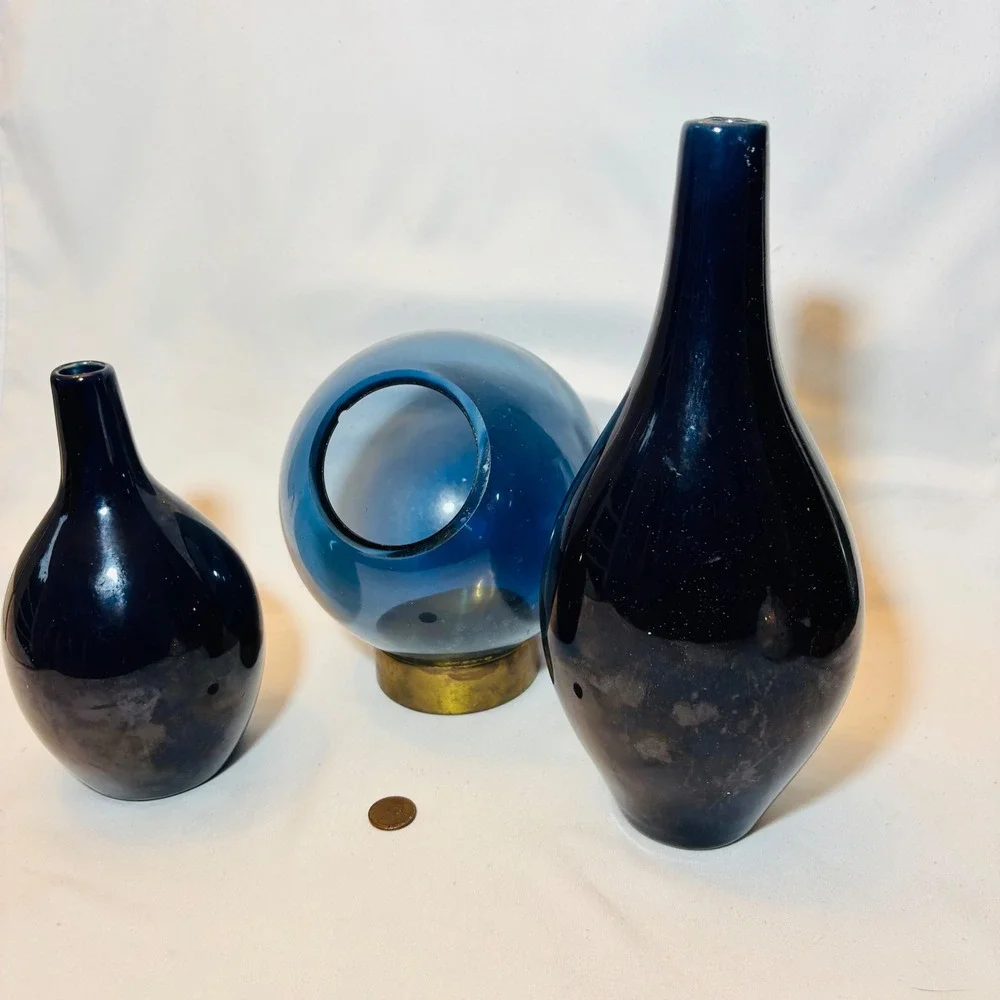 Cobalt Blue Sculptural Vase Set of 3 Orb Brass Base Modern Decor